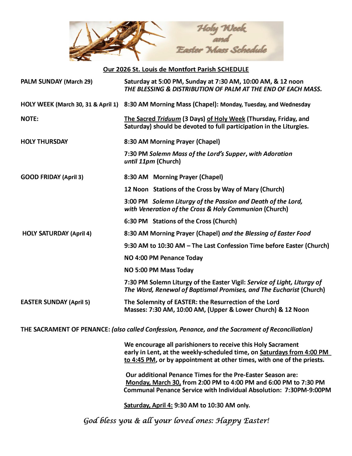 Holy Week & Easter Sunday Mass Schedule 2026